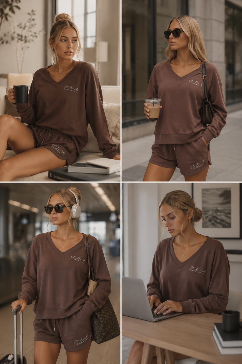 A four-panel collage showing a woman modeling a matching brown lounge set in different indoor settings. The set includes a long-sleeve V-neck sweatshirt and matching shorts.