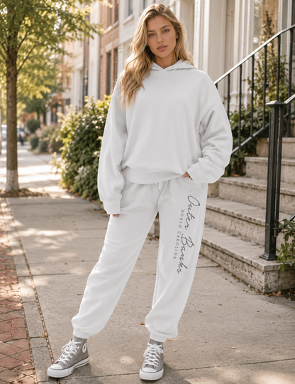 blonde girl sweatpants matching set bone white off white screen print outer banks north carolina custom destination apparel.