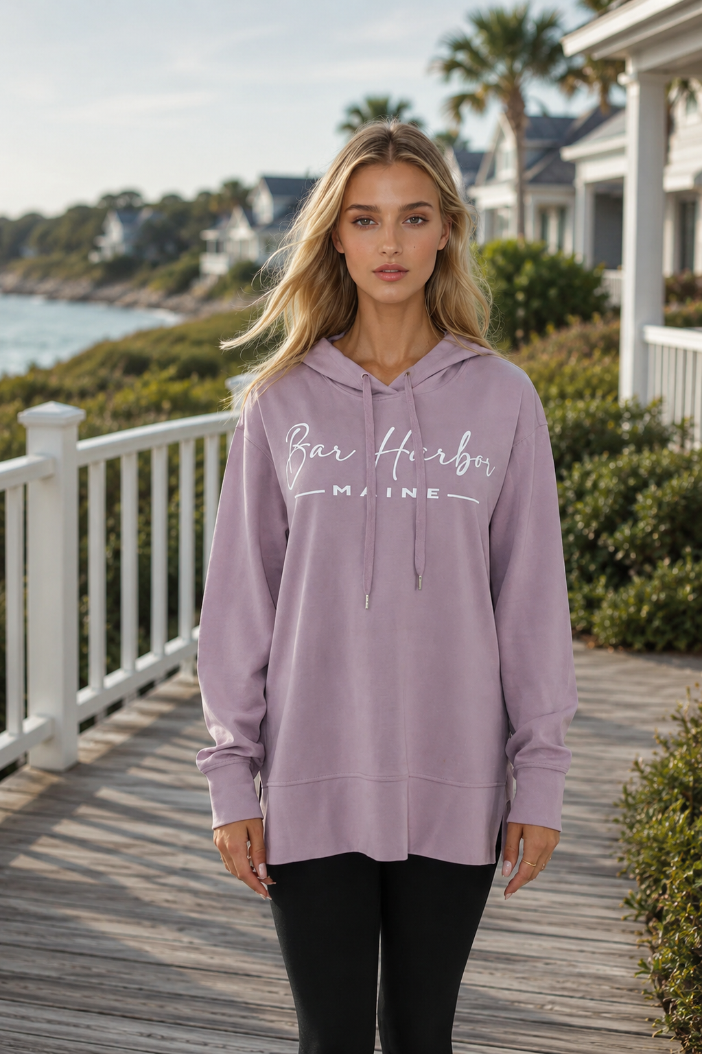 bar harbor maine hoodie in lilac blonde girl in coastal US town sunny day outside
