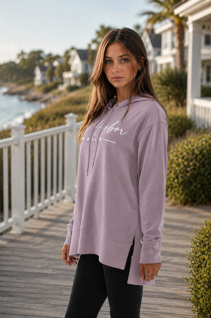 Bar Harbor Maine Hoodie in lilac violet brunette in coastal US town  by beach