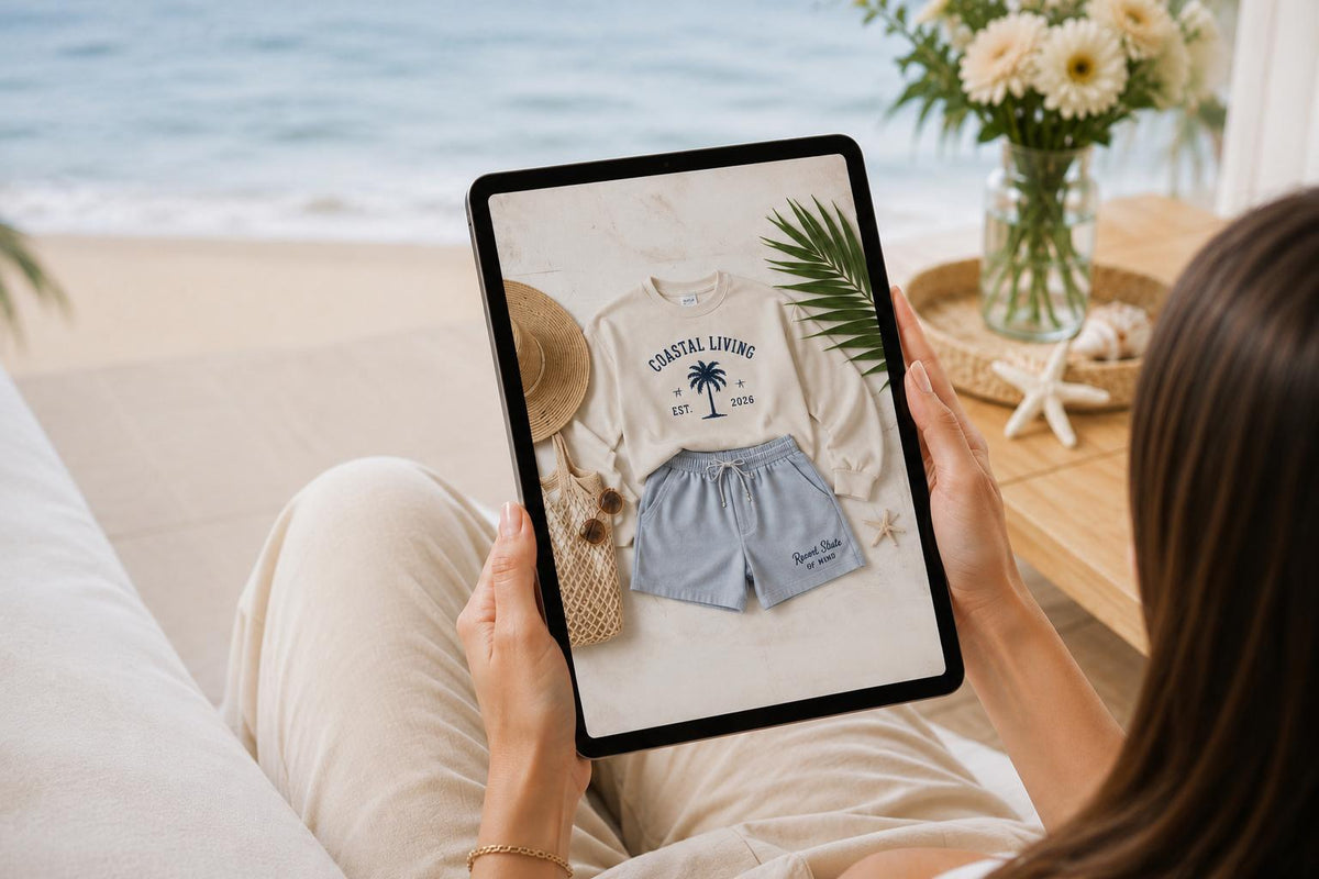 A woman reclines on a beach chair by the ocean, holding a tablet that displays a summer outfit mockup featuring a cream graphic t-shirt and light blue shorts.