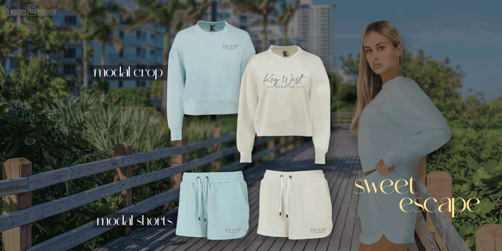 sheer blue and ivory long sleeve modal crop top and drawstring shorts womens wholesale screen printing liquid energy apparel