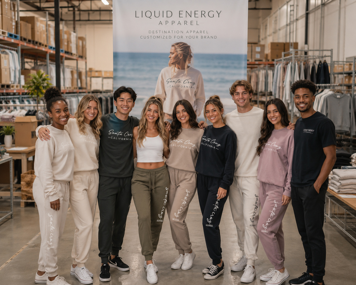 Nine people standing together in a warehouse-like retail space, wearing matching branded sweatpants and sweatshirts from Liquid Energy Apparel, with a large branded backdrop behind them.