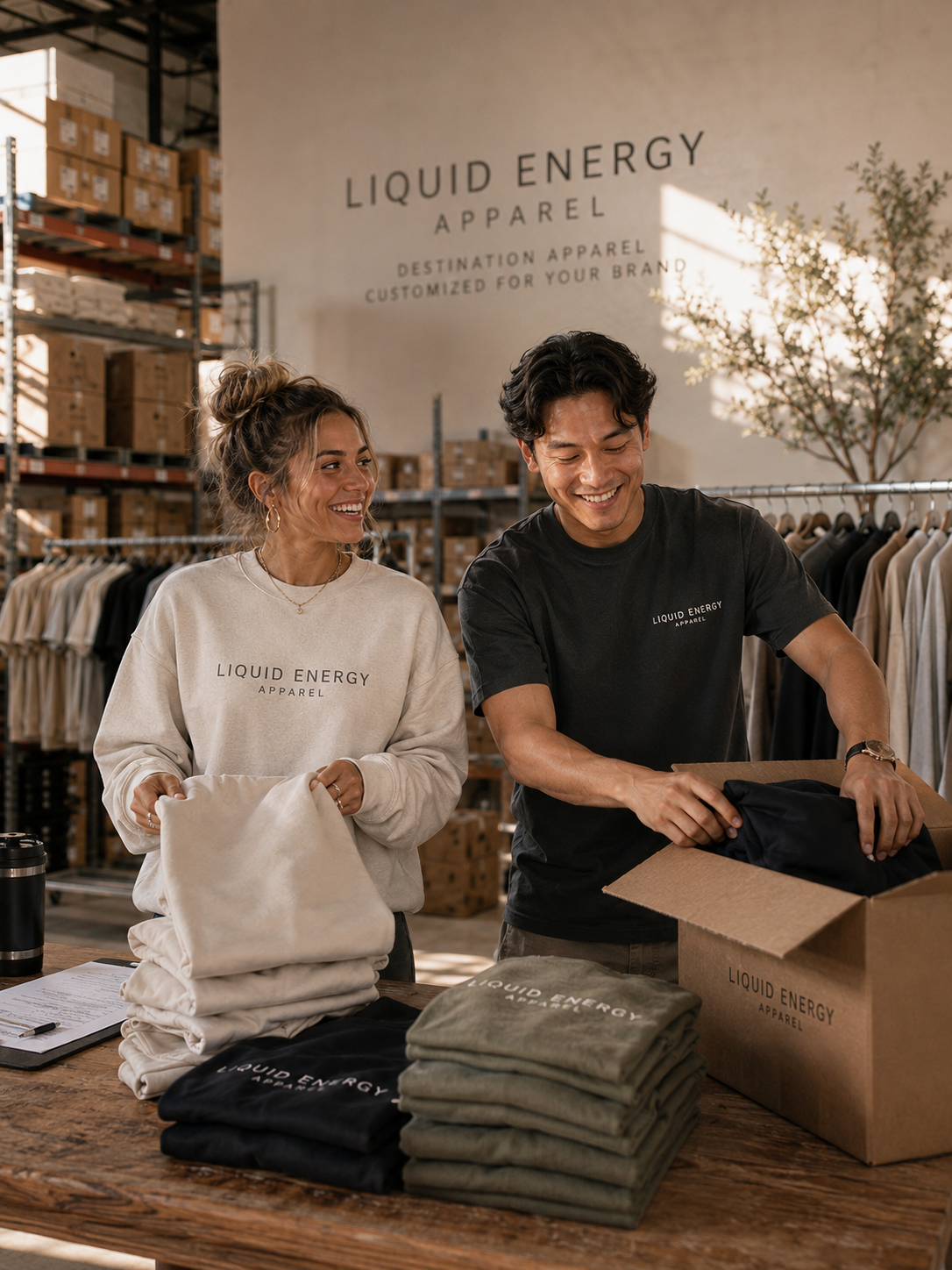 A smiling woman in a cream sweatshirt and a man in a black t-shirt both wear Liquid Energy Apparel logos. They are standing in a warehouse-style retail space with racks of clothing and shelves in the background, with folded apparel on a wooden table in the foreground.