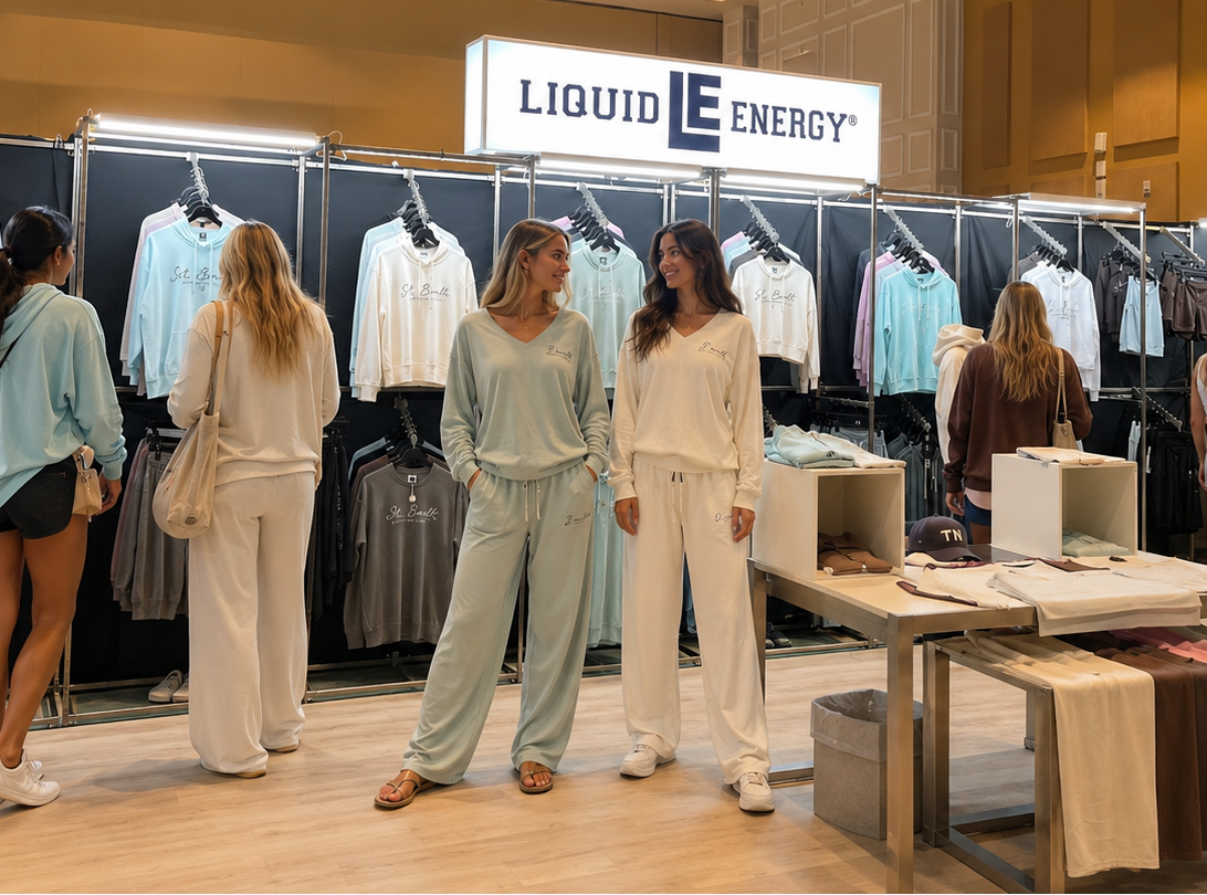 Two women modeling matching lounge sets in a retail store, standing in front of clothing racks under a prominent 'LIQUID LE ENERGY' sign. The outfits include a light sage green set and a cream set.