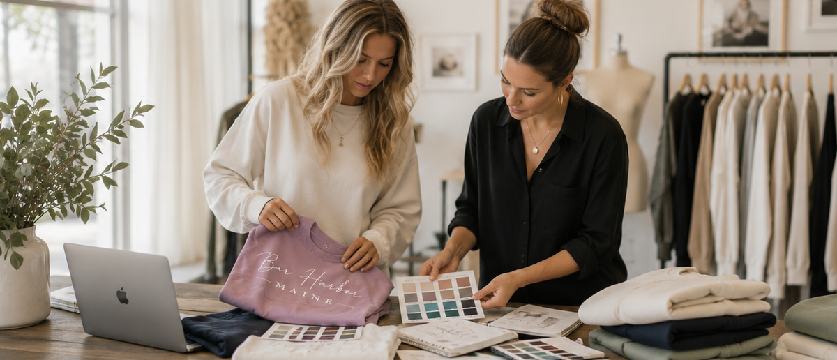 Two women in a bright boutique setting, looking at a purple fabric sample and color swatch book on a table with folded clothes, a laptop, and a clothing rack in the background.